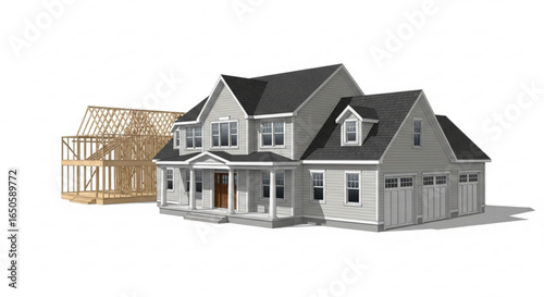 Find your dream home: new construction house with garage, modern design, and wood framing under construction