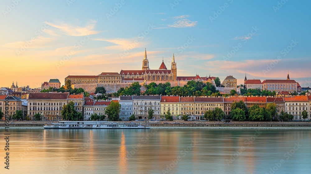 Fototapeta premium A vertical image of the Fisherman's bastion on bank of Danube river in Budapest, Hungary
