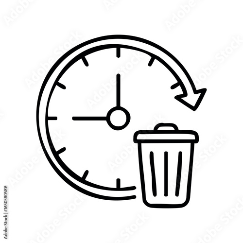 Time management and waste disposal concept icon with clock and trash can symbols