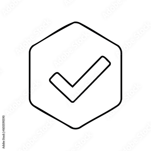 Black checkmark icon in hexagonal frame