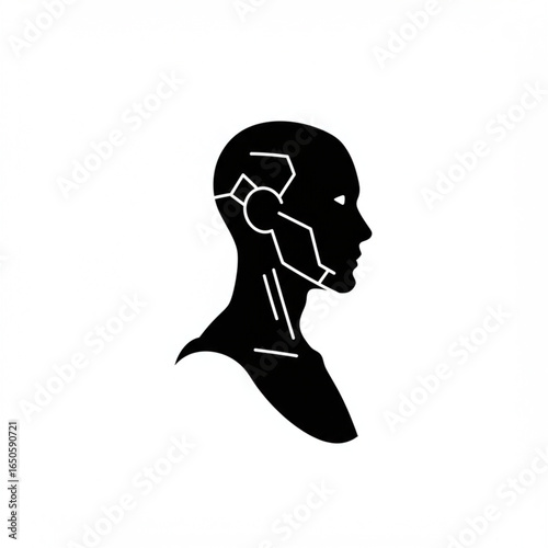 Minimalist black silhouette icon of a cyborg head, representing artificial intelligence and future technology
