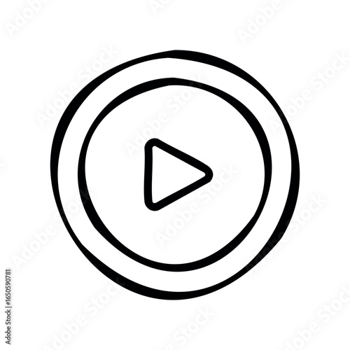 Hand-drawn play button icon in black and white with circular outline