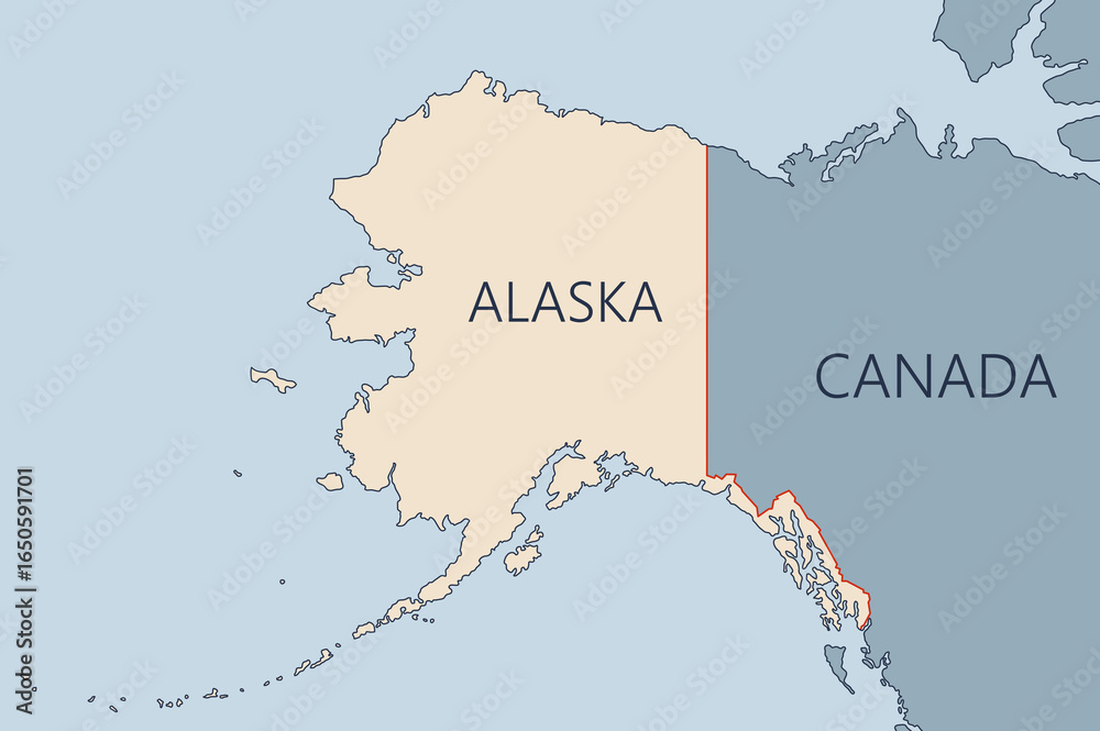 Fototapeta premium The border between the state of Alaska and Canada is marked with a red line. The map shows the territories of Alaska. Map for infographics with the border between the United States and Canada.