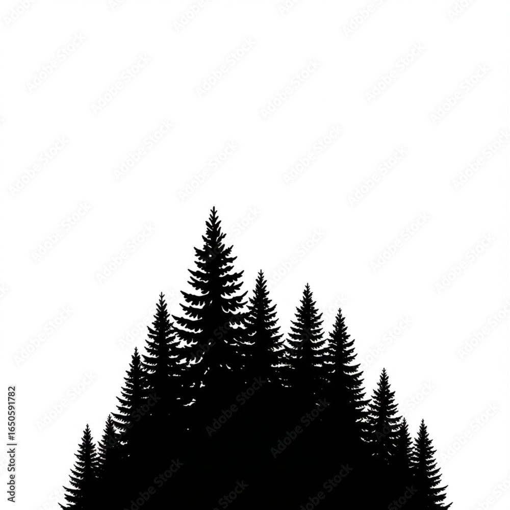 Obraz premium Black silhouette of a dense coniferous pine tree forest against a clean white background. Minimalist vector illustration of evergreen trees.