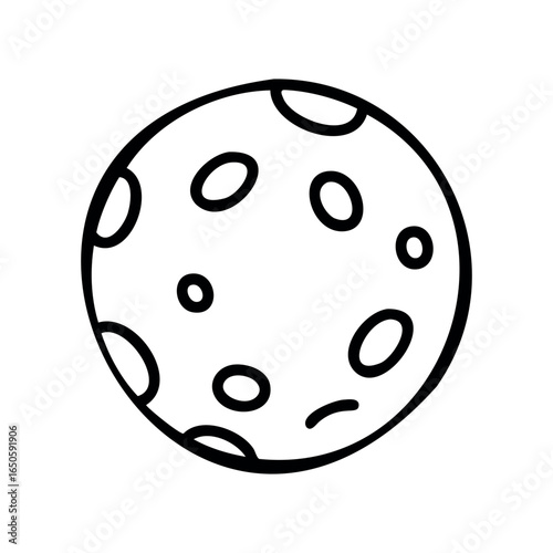Black and white illustration of a cartoon-style moon with craters