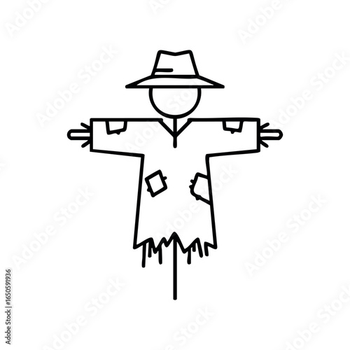 Simple line drawing of a classic scarecrow with hat and patchwork clothing