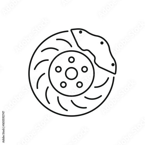 Outline car brakes icon, with editable stroke. Disc brake with disk pad. Race brake system, car speed break, drive safety, braking disc pads repair, auto service and maintenance, car shop. Vector icon