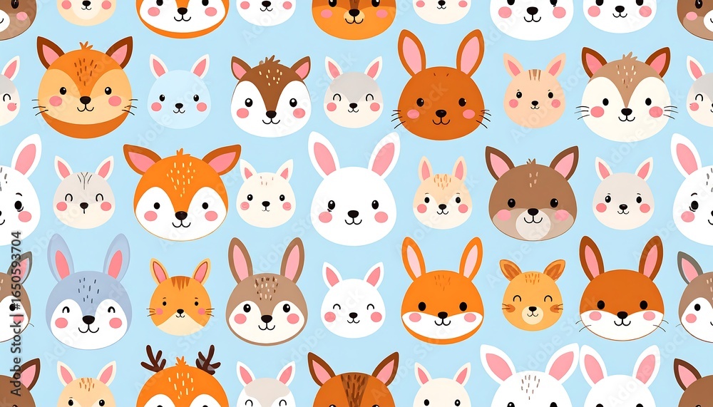 Obraz premium Cute animal faces repeating pattern on a light blue background.