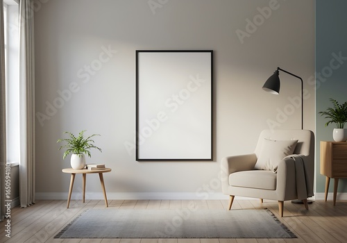 Modern Living Room Interior with Empty Frame Armchair and Cozy Decor for Mockup and Design Presentation
