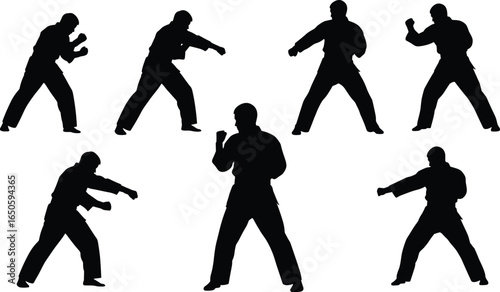 Martial arts silhouette collection, karate poses vector, fighter stances illustration, self-defense training clipart, action moves black figure setMartial arts silhouette collection