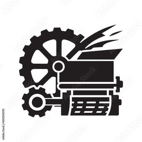 A sleek and modern silhouette logo of a threshing machine, designed in a bold vector style. 