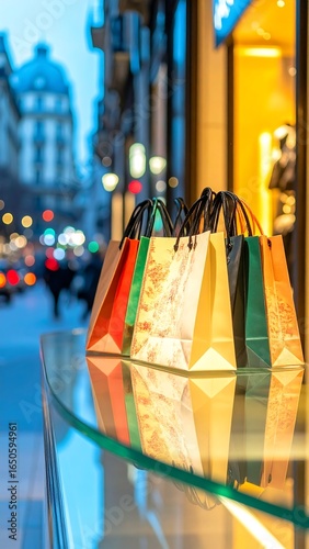 Shopping bags on glass display, city view