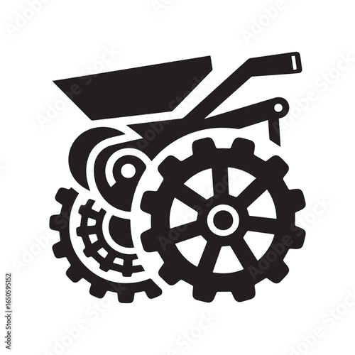 A sleek and modern silhouette logo of a threshing machine, designed in a bold vector style. 