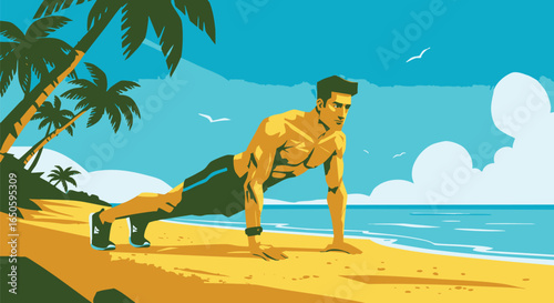 An illustration depicting a strong, athletic man performing push-ups on a sun-drenched tropical beach, embodying a vibrant summer fitness routine by the serene ocean