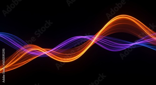 Vibrant orange and purple wavy light trails on black background
