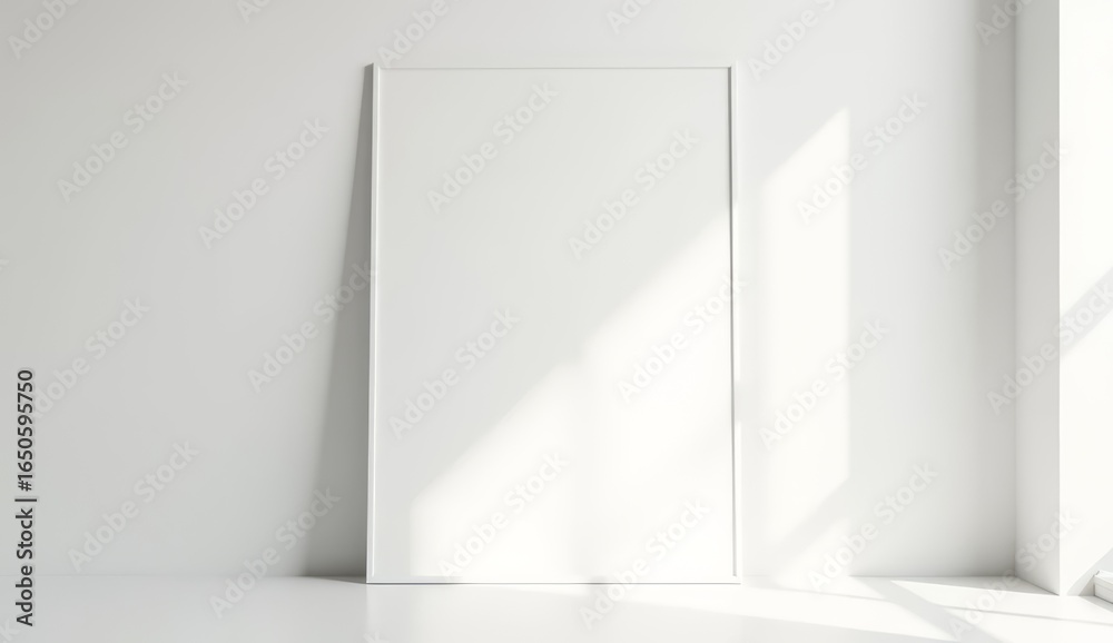 Obraz premium Blank vertical picture frame mockup leans against a bright minimalist white wall receiving natural daylight casting sharp diagonal shadows for advertising design.