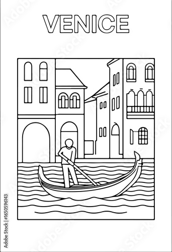 Venice Gondola Illustration – Black and White Line Art of Canal Scene with Gondolier and Arched Architecture