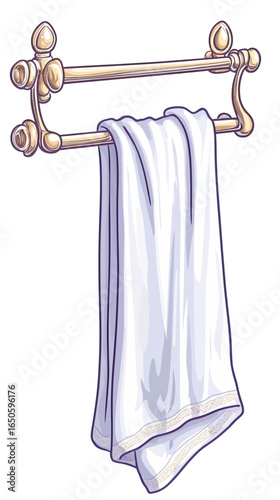A crisp and clean white bath towel hanging elegantly on a metallic holder, a realistic illustration for promoting hygiene, hotel amenities, and spa-like comfort at home.
