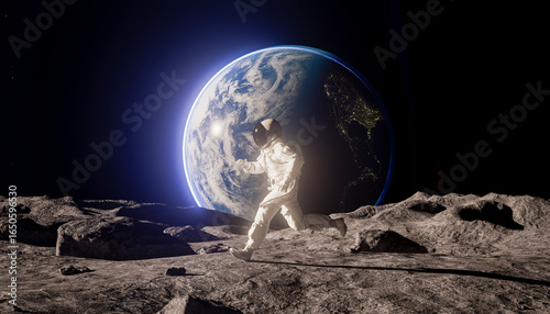 3D astronaut running on moon surface with Earth background