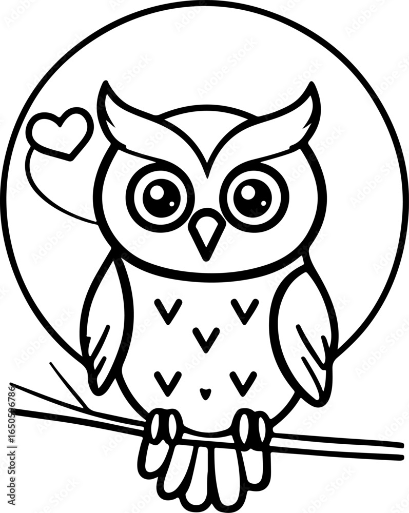 Fototapeta premium Owl on Branch Illustration – Black and White Line Art with Heart Accent and Circular Frame