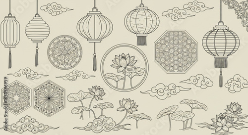 Traditional asian lanterns and lotus flowers with clouds in sketch style