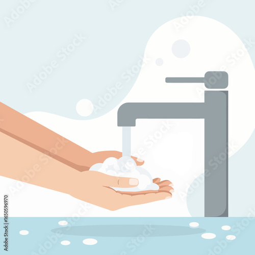 A modern flat design illustration promoting proper hand washing with soap and water under a faucet to ensure good hygiene and prevent the spread of germs.
