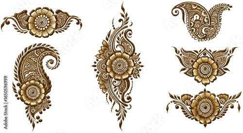 Collection of traditional henna mehndi floral and paisley designs isolated on white background