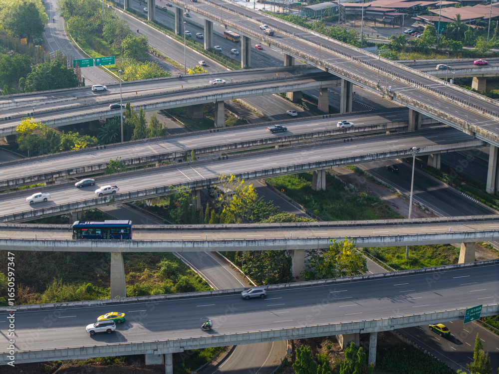 Fototapeta premium Aerial view traffic road with car movement intersection road