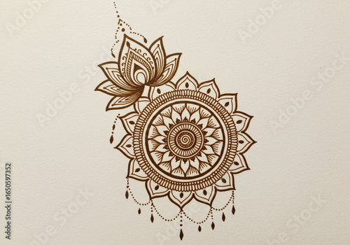 Intricate henna mandala and lotus flower design isolated on white background
