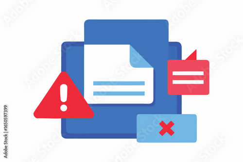 Blue document with red warning symbols and error message, document, error, warning, alert, notification, data, information, processing, digital, technology, business, communication, abstract, graphic,