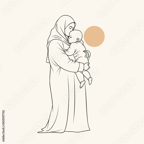 A minimalist full-body line art illustration of a Muslim mother in a hijab tenderly holding her baby, a modern and elegant depiction of maternal love.
