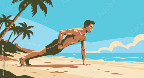 Man performs push-ups on a sandy beach with palm trees and ocean in the background
