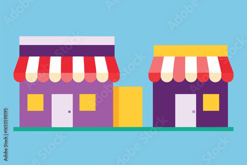 Cartoon shops with striped awnings buildings, cartoon, shops, buildings, awnings, striped, purple, yellow, red, white, pastel, flat design, illustration, storefronts, commercial, retail, simple, graph