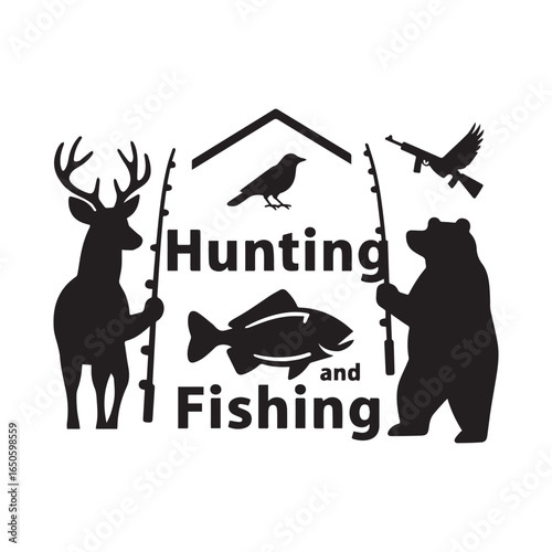 A vector logo design with the text Hunting and Fishing The text is in black.