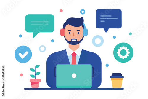 Man wearing headphones and suit with laptop and chat bubbles, customer service, support, communication, business, technology, man, headphones, laptop, chat, dialogue, consultation, assistance, help, i