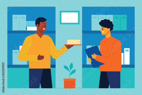 Men in office discussing a book discussion learning, office, discussion, book, learning, collaboration, indoor, people, men, shelves, plant, modern, flat design, illustration, business, education, tea