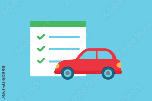 Red car and checklist with green checkmarks transportation, red car, checklist, green checkmarks, transportation, planning, tasks, automotive, vehicle, document, list, progress, approval, completion, 