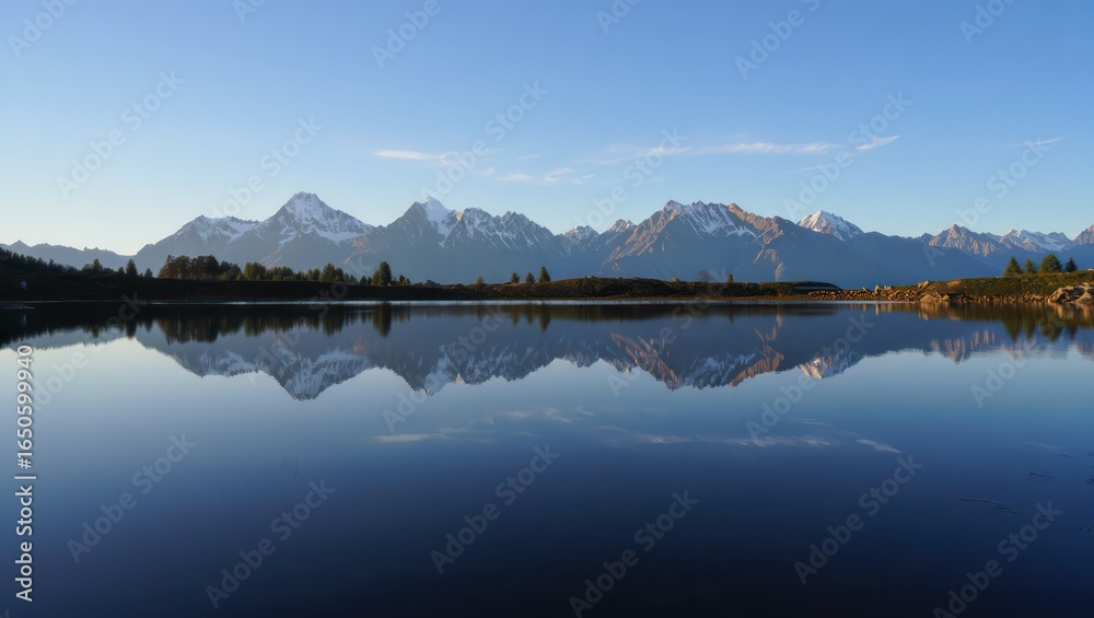 Fototapeta premium Majestic Mountain Range Reflected in Calm Lake Under Clear Blue Sky