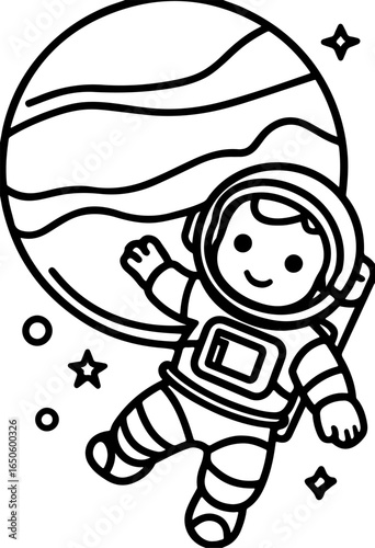 Cartoon Astronaut Illustration – Black and White Line Art with Smiling Space Explorer and Ringed Planet