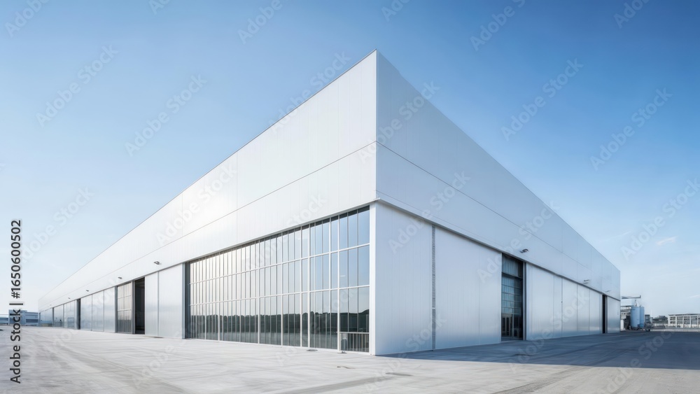 Obraz premium Angular Monolithic Architecture: A Modern White Warehouse Under a Clear Blue Sky