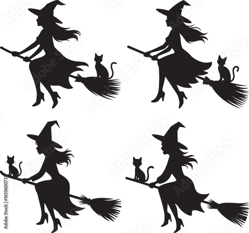 silhouettes of four witches riding broomsticks with cats, capturing magical halloween theme and folklore-inspired fantasy