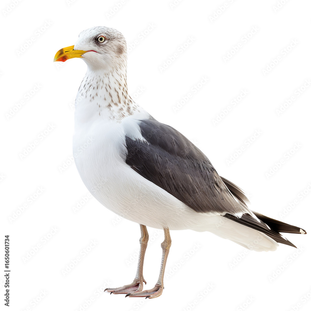 Fototapeta premium A graceful seagull, predominantly white with dark grey wings and a yellow beak, stands against a transparent background. background removed