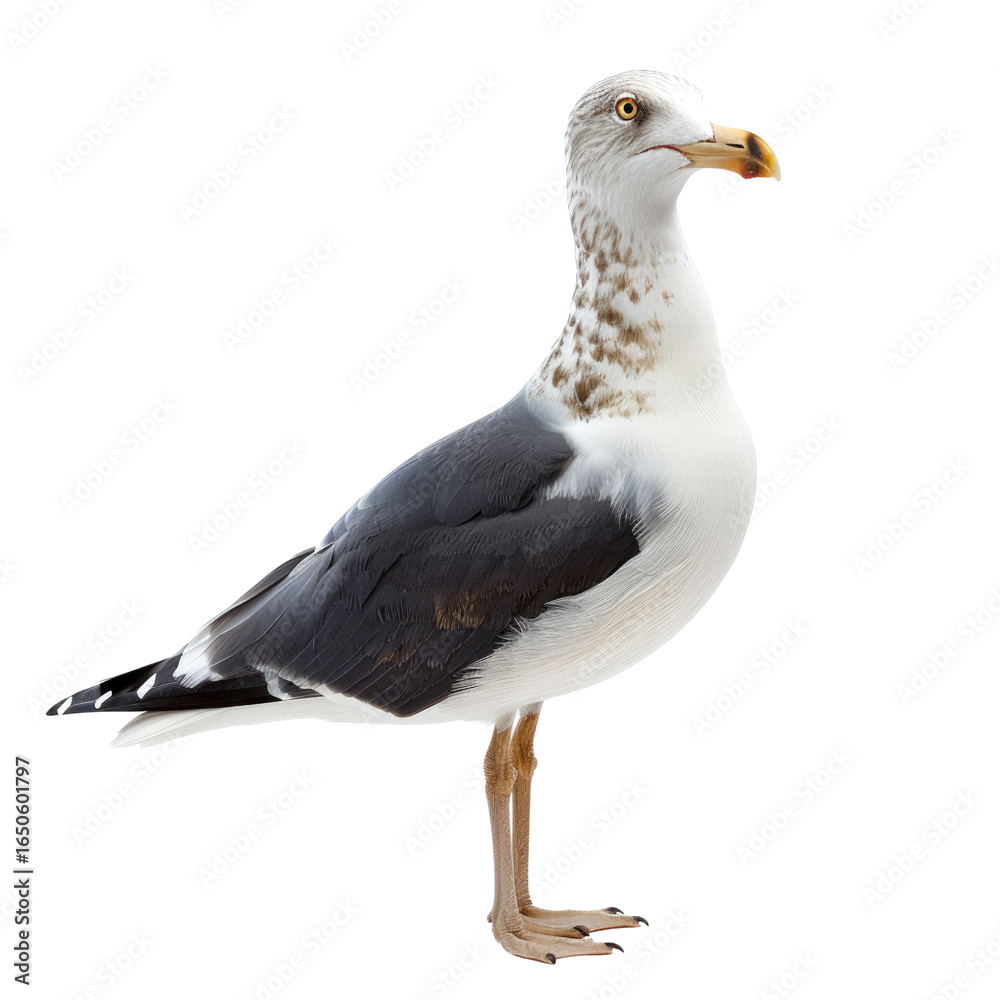 Naklejka premium A majestic seagull, standing on a transparent background, showcasing its black and white plumage. background removed