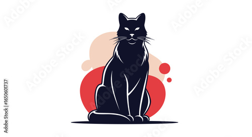 Mysterious Black Cat Sitting With Glowing Eyes and Abstract Red Circles