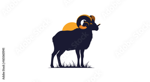 Majestic Bighorn Sheep Silhouette Against a Setting Sun and Grassy Field