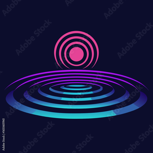 Abstract neon circles and ripples on dark background