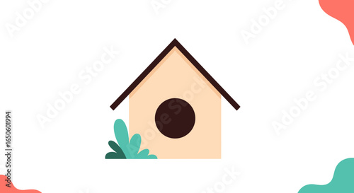 A simple wooden birdhouse with a round entrance and green foliage nearby illustration