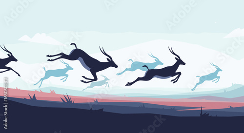 Wild Animals Running Across a Scenic Savannah Landscape At Sunset