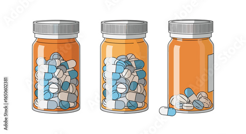 Orange Pill Bottles Filled With Assorted Medications And Some Spill Out On White Background