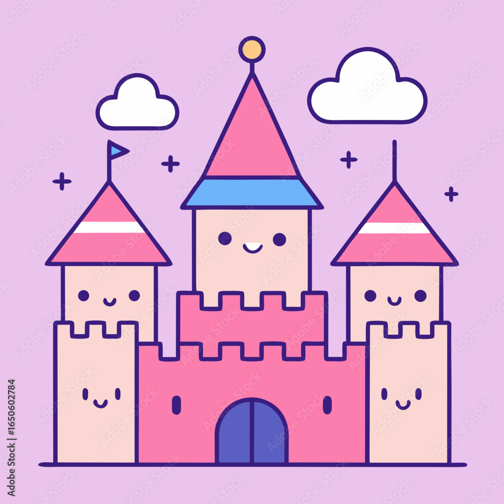 Fototapeta premium Cute kawaii castle with smiling faces and clouds
